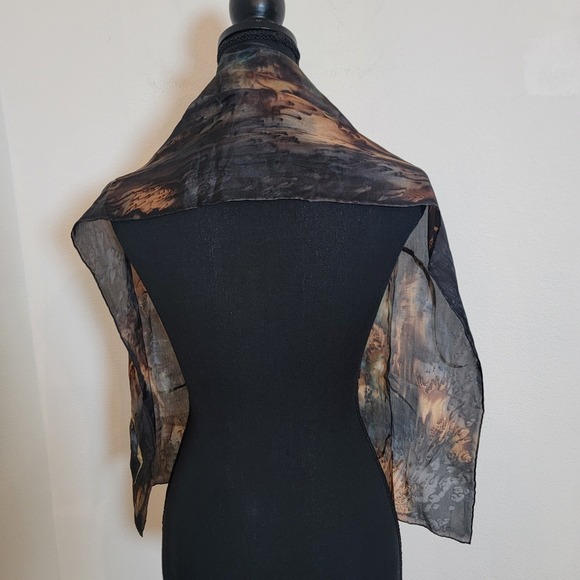 Dan Dee Silk Scarf Hand Painted 9x52 Abstract Swirl Gray Brown Blue Gold - Picture 3 of 11